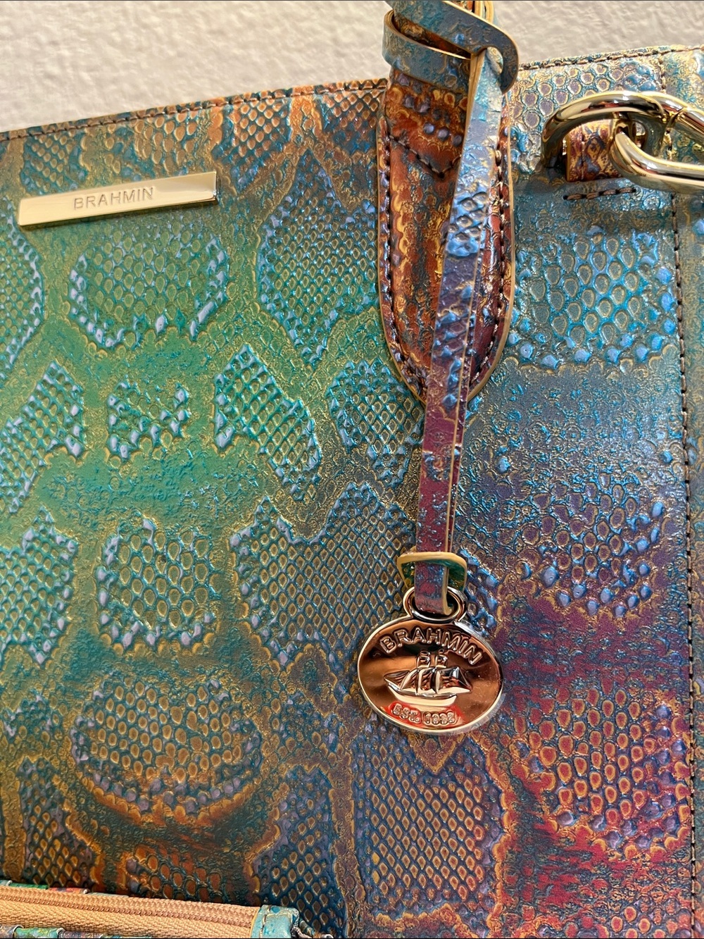 Brahmin Teal Multi Iridescent Python-Embossed Satchel with Matching Card Wallet - Picture 3 of 10